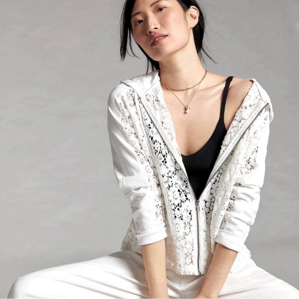 Anthropologie Eze Sur Mer NWT White lace zippered hoodie. Small.